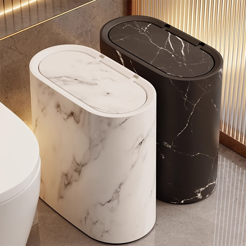 Marble-Look Trash Can with Lid | Modern Oval Bathroom & Kitchen Bin