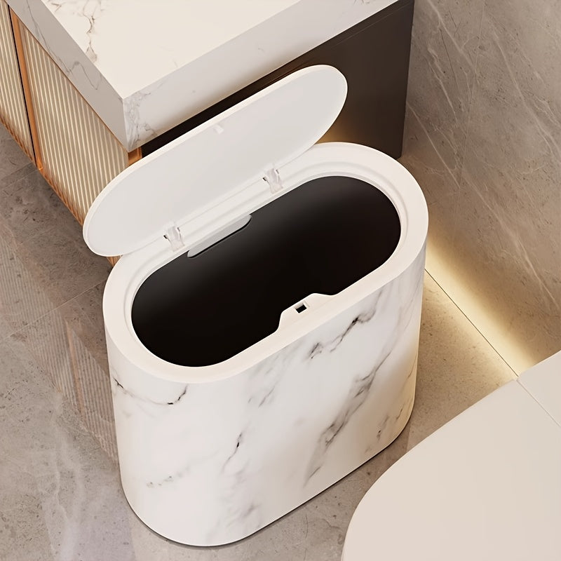 Marble-Look Trash Can with Lid | Modern Oval Bathroom & Kitchen Bin