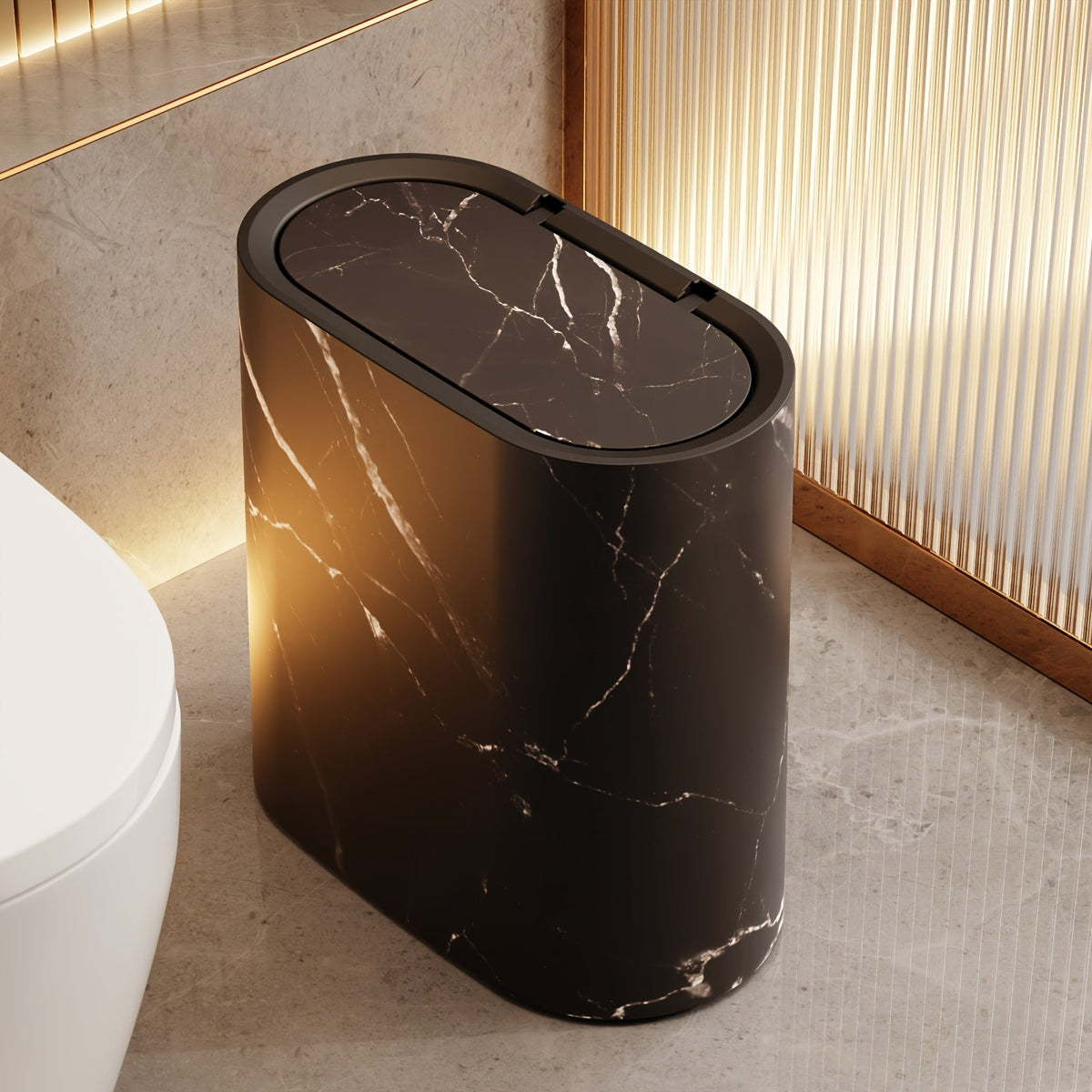 Marble-Look Trash Can with Lid | Modern Oval Bathroom & Kitchen Bin