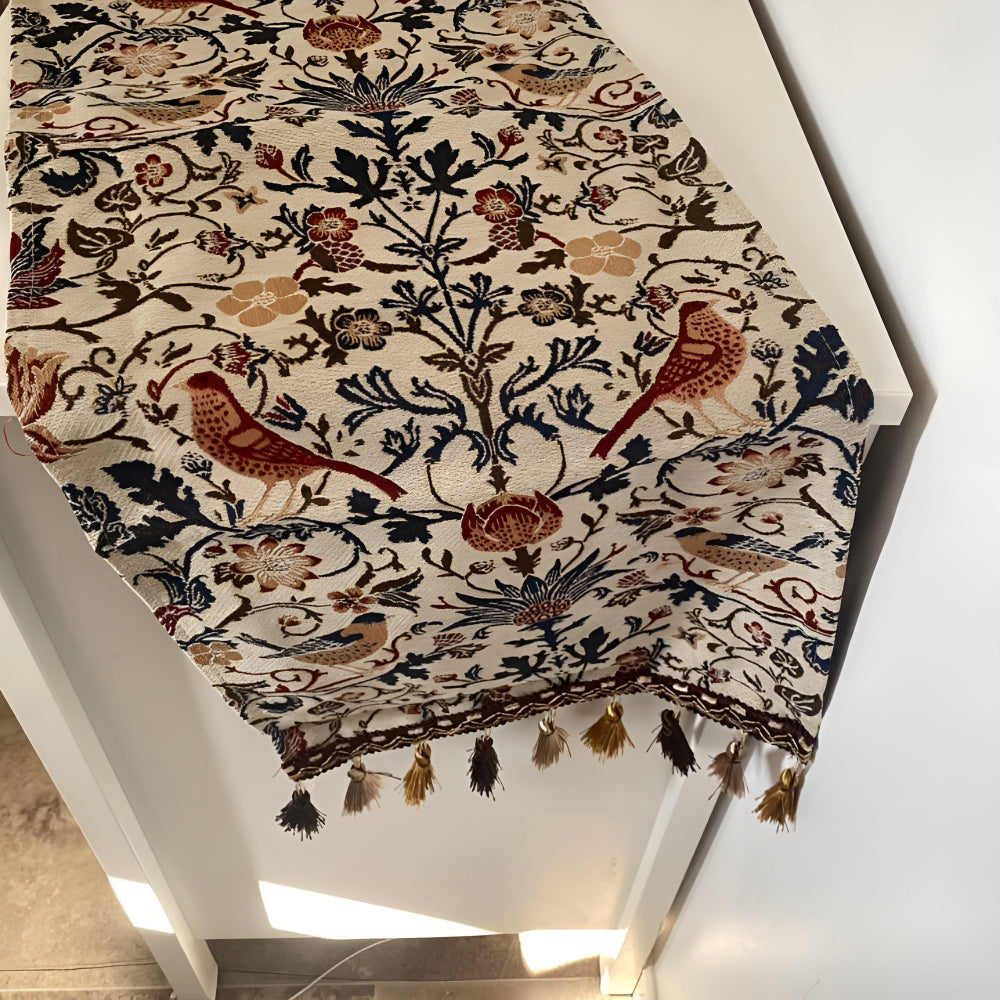 Vintage Floral & Bird Jacquard Table Runner – Elegant Woven Table Decor