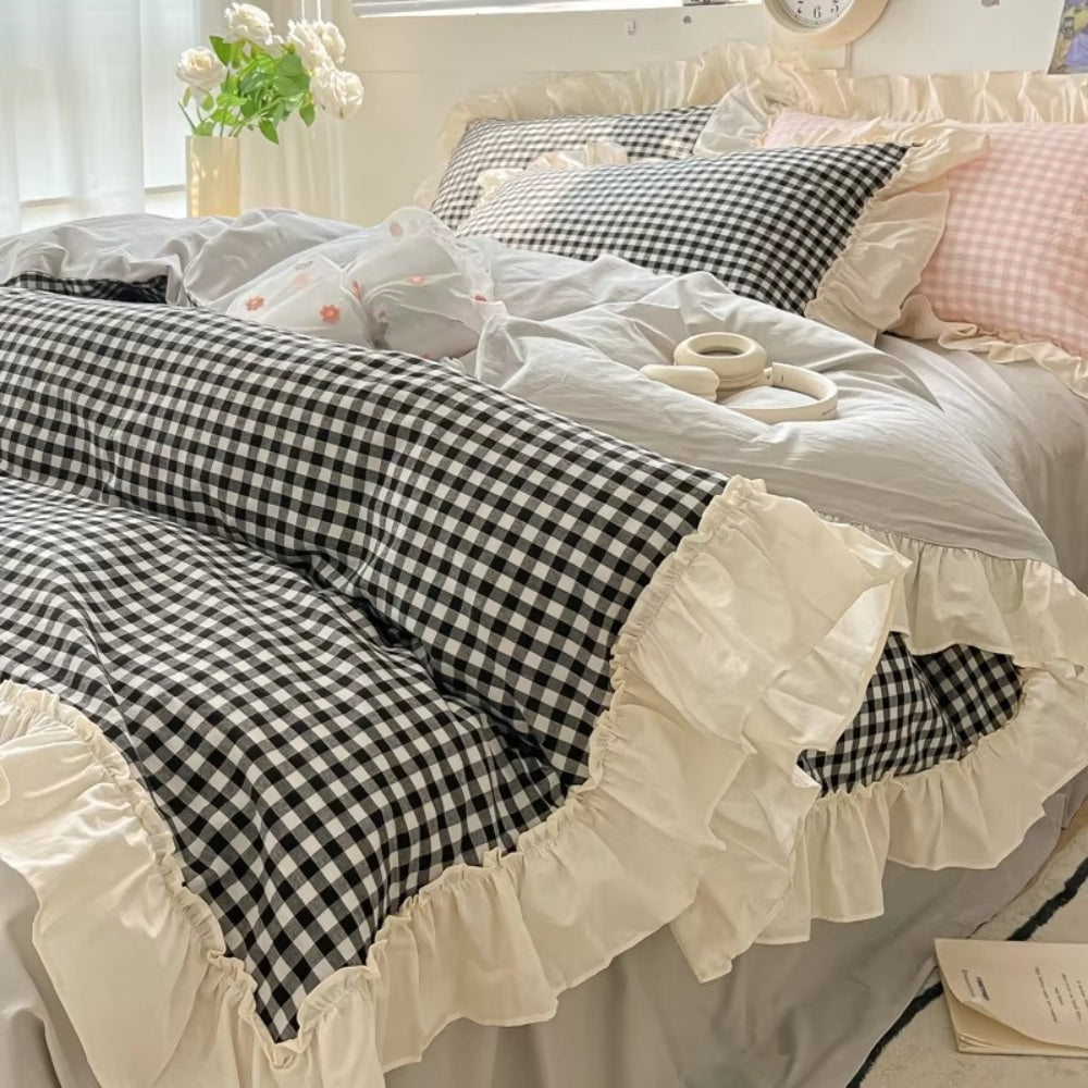 Gingham Check Ruffled Duvet Cover Set – Cottage-Style Bedding