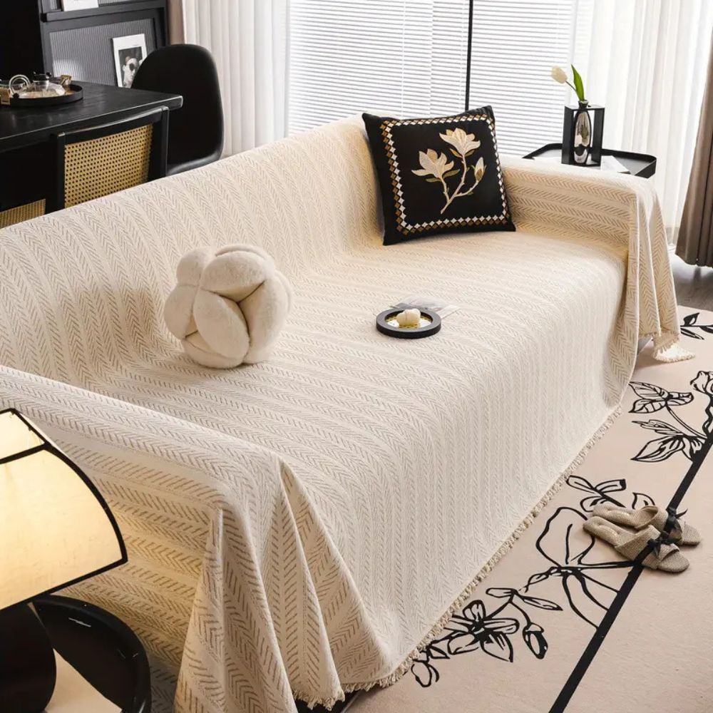 Herringbone Chenille Sofa Cover – Soft Tassel-Edge Couch Slipcover