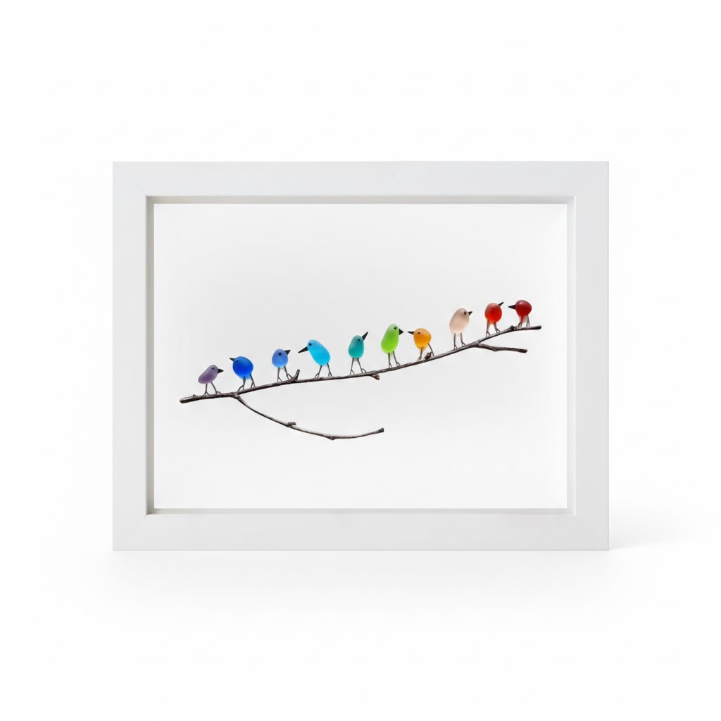 Coastal Sea Glass Bird Wall Art – Driftwood Framed Beach Decor