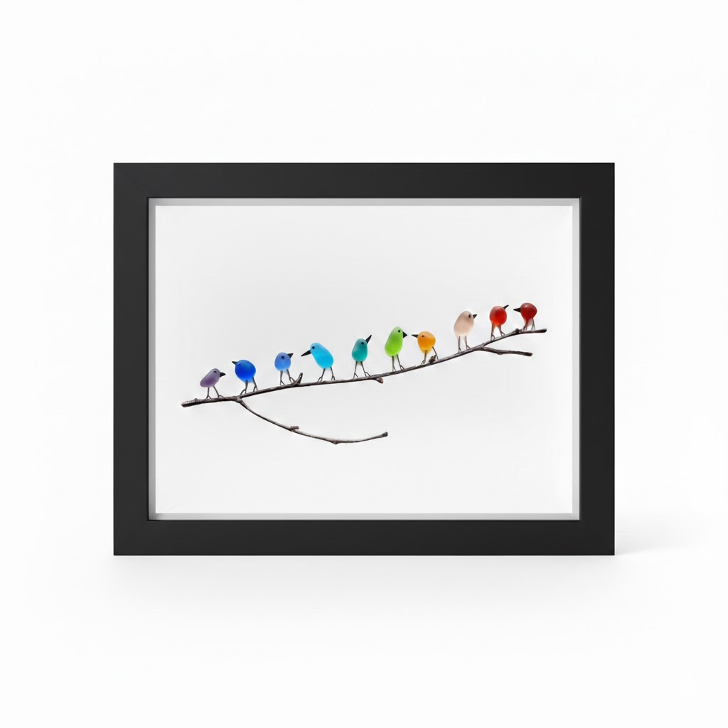 Coastal Sea Glass Bird Wall Art – Driftwood Framed Beach Decor