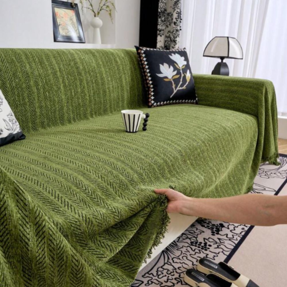 Herringbone Chenille Sofa Cover – Soft Tassel-Edge Couch Slipcover