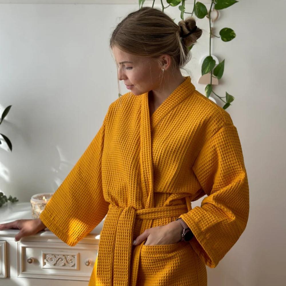 Waffle V-Neck Bathrobe – Lightweight Absorbent Cotton Robe