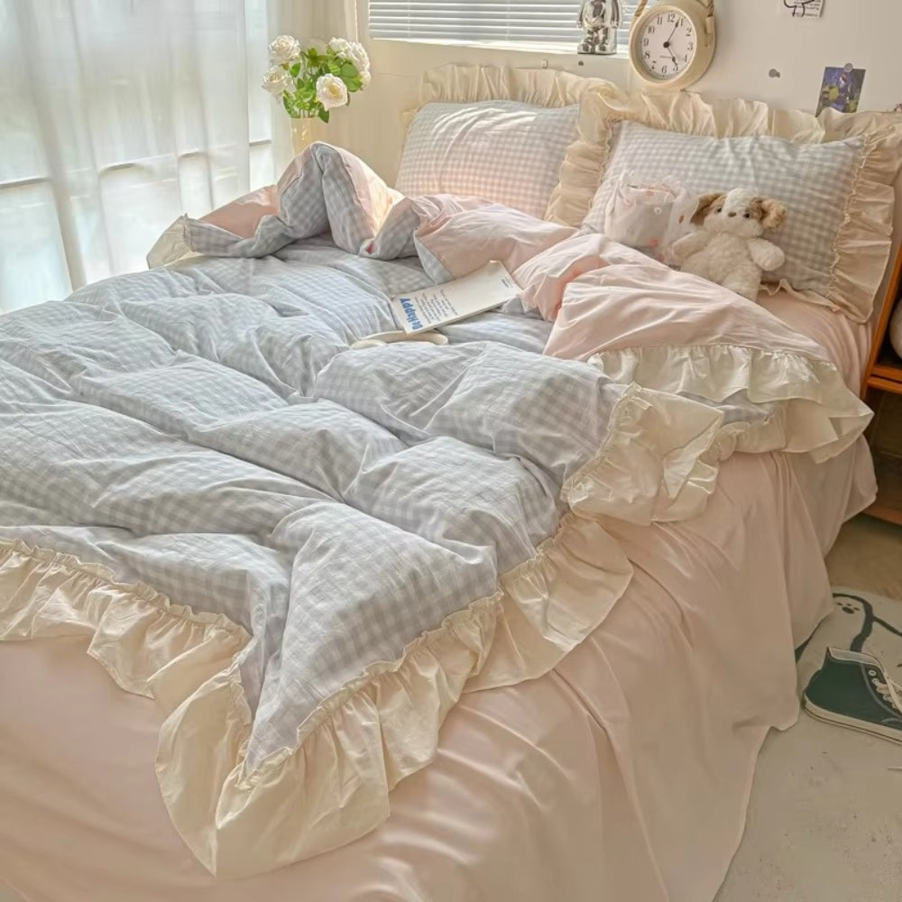 Gingham Check Ruffled Duvet Cover Set – Cottage-Style Bedding