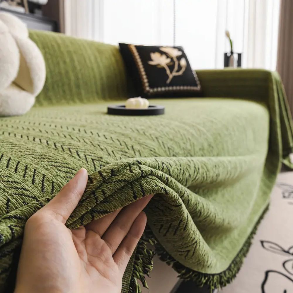 Herringbone Chenille Sofa Cover – Soft Tassel-Edge Couch Slipcover