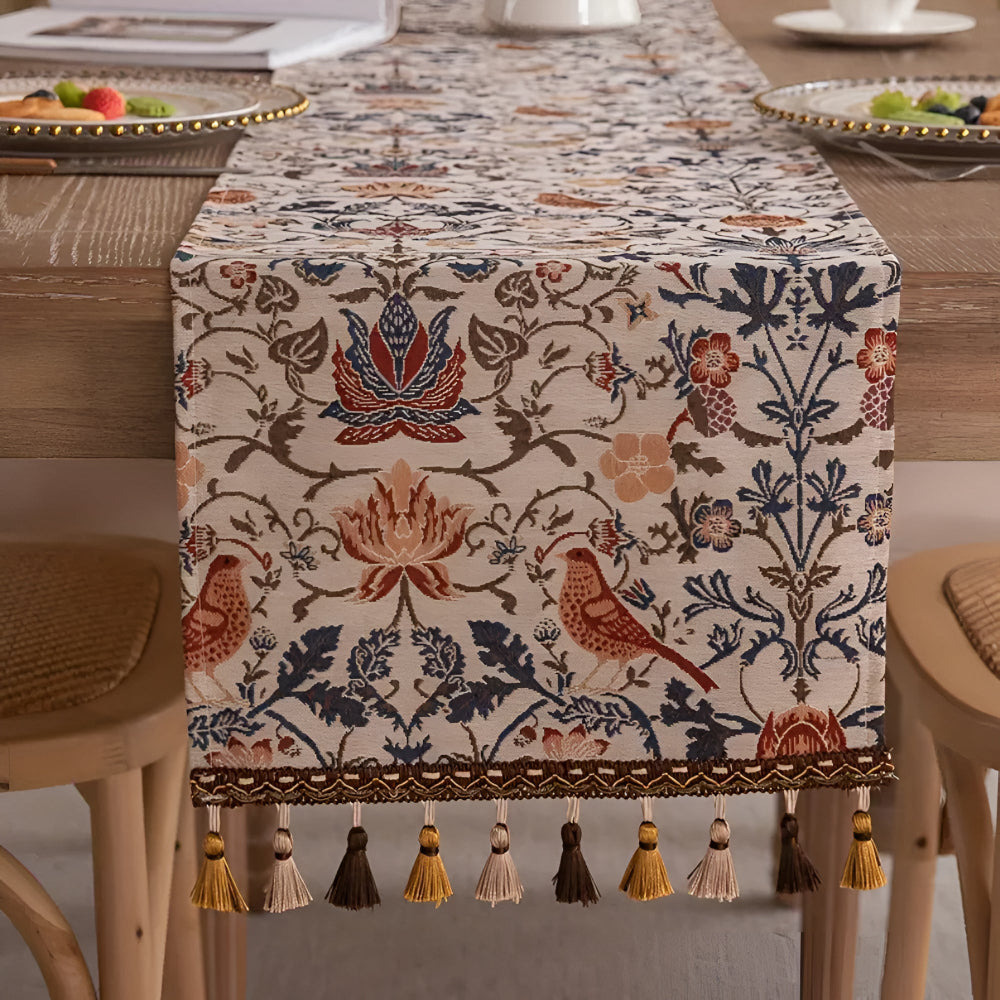 Vintage Floral & Bird Jacquard Table Runner – Elegant Woven Table Decor