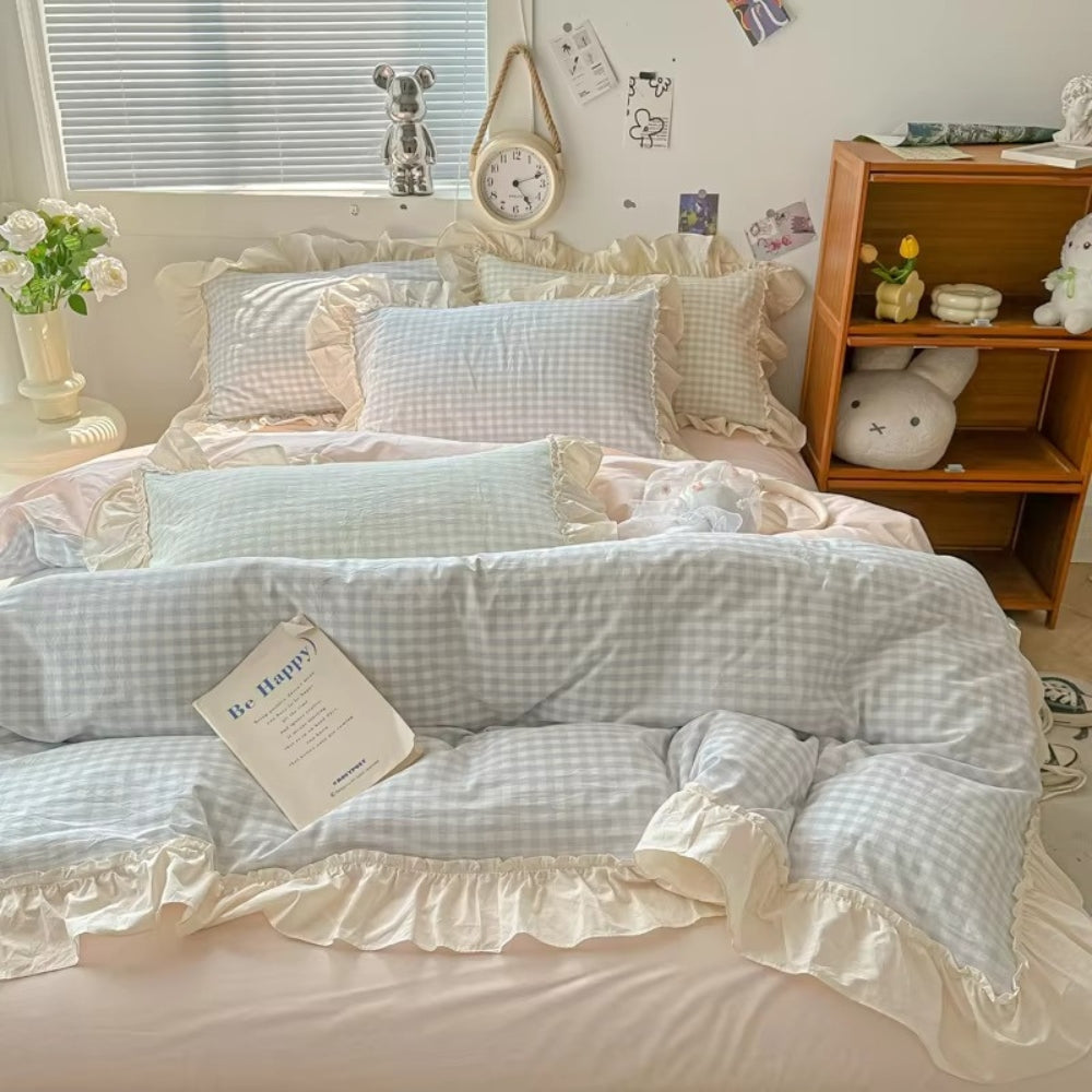 Gingham Check Ruffled Duvet Cover Set – Cottage-Style Bedding