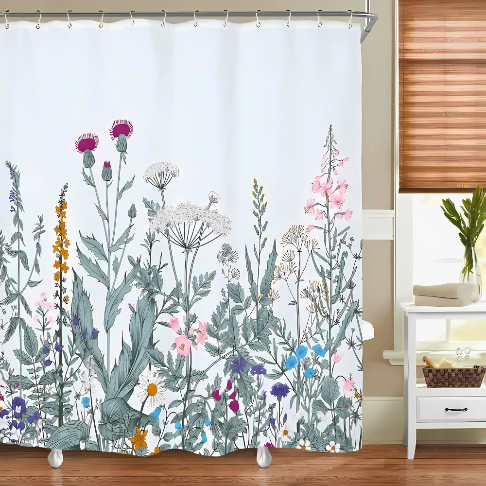 Pastoral Plants Waterproof Shower Curtain – Botanical Fabric Bath Curtain