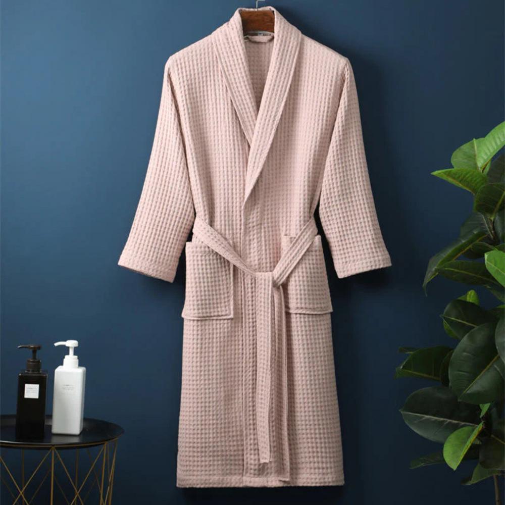 Waffle V-Neck Bathrobe – Lightweight Absorbent Cotton Robe