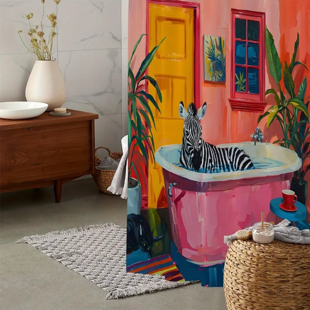 Playful Pink Zebra Shower Curtain – Waterproof Fabric Bath Curtain