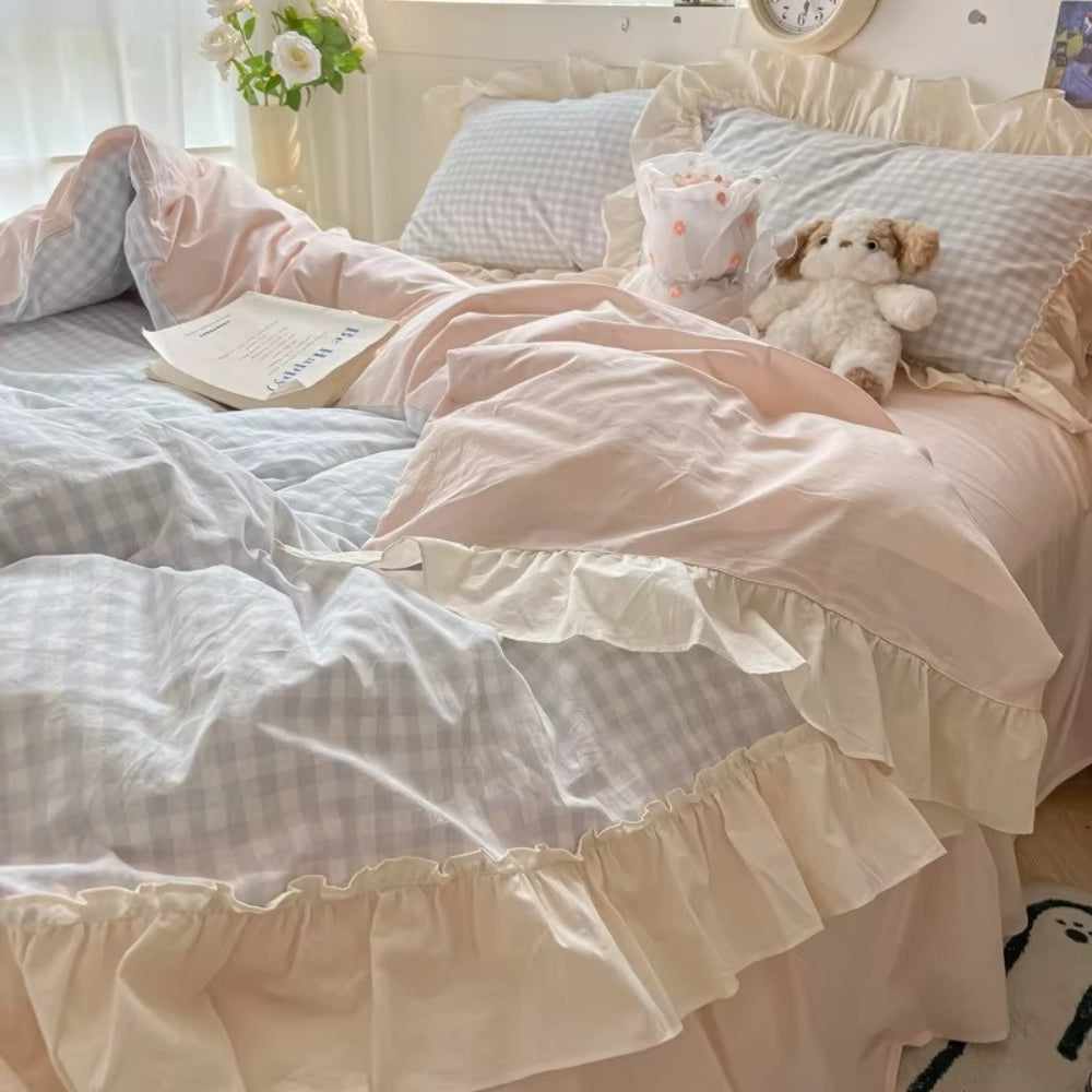 Gingham Check Ruffled Duvet Cover Set – Cottage-Style Bedding