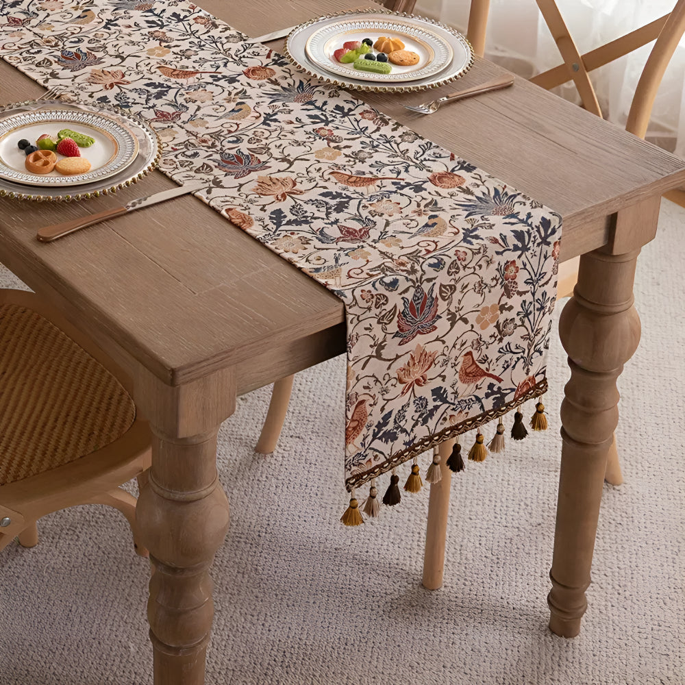 Vintage Floral & Bird Jacquard Table Runner – Elegant Woven Table Decor