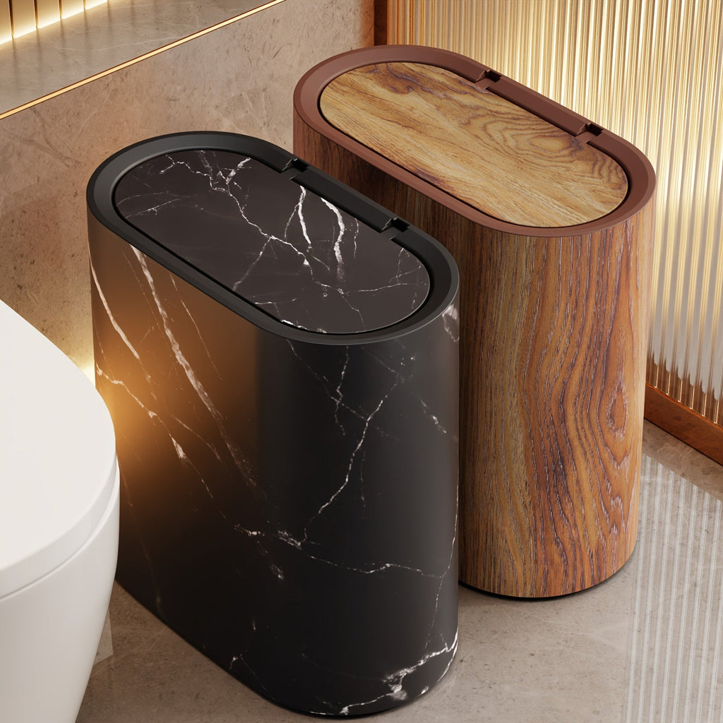 Marble-Look Trash Can with Lid | Modern Oval Bathroom & Kitchen Bin