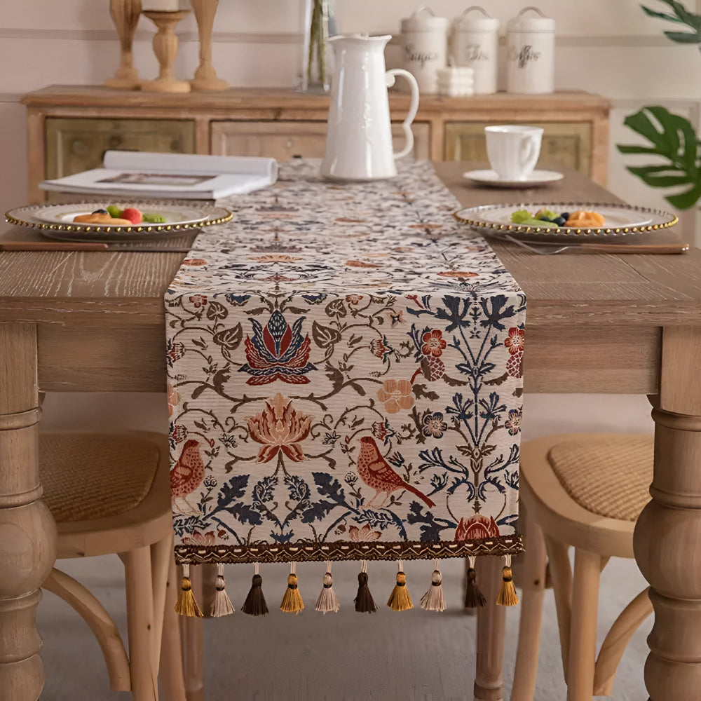 Vintage Floral & Bird Jacquard Table Runner – Elegant Woven Table Decor