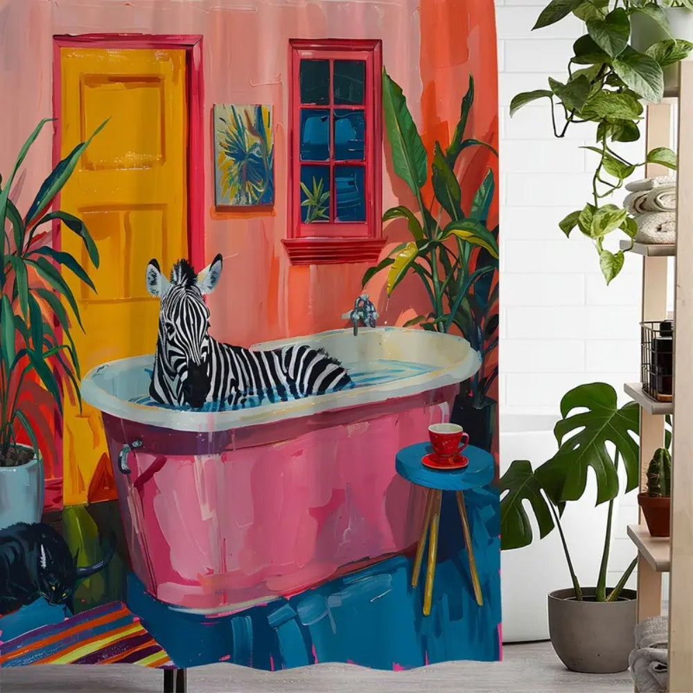 Playful Pink Zebra Shower Curtain – Waterproof Fabric Bath Curtain
