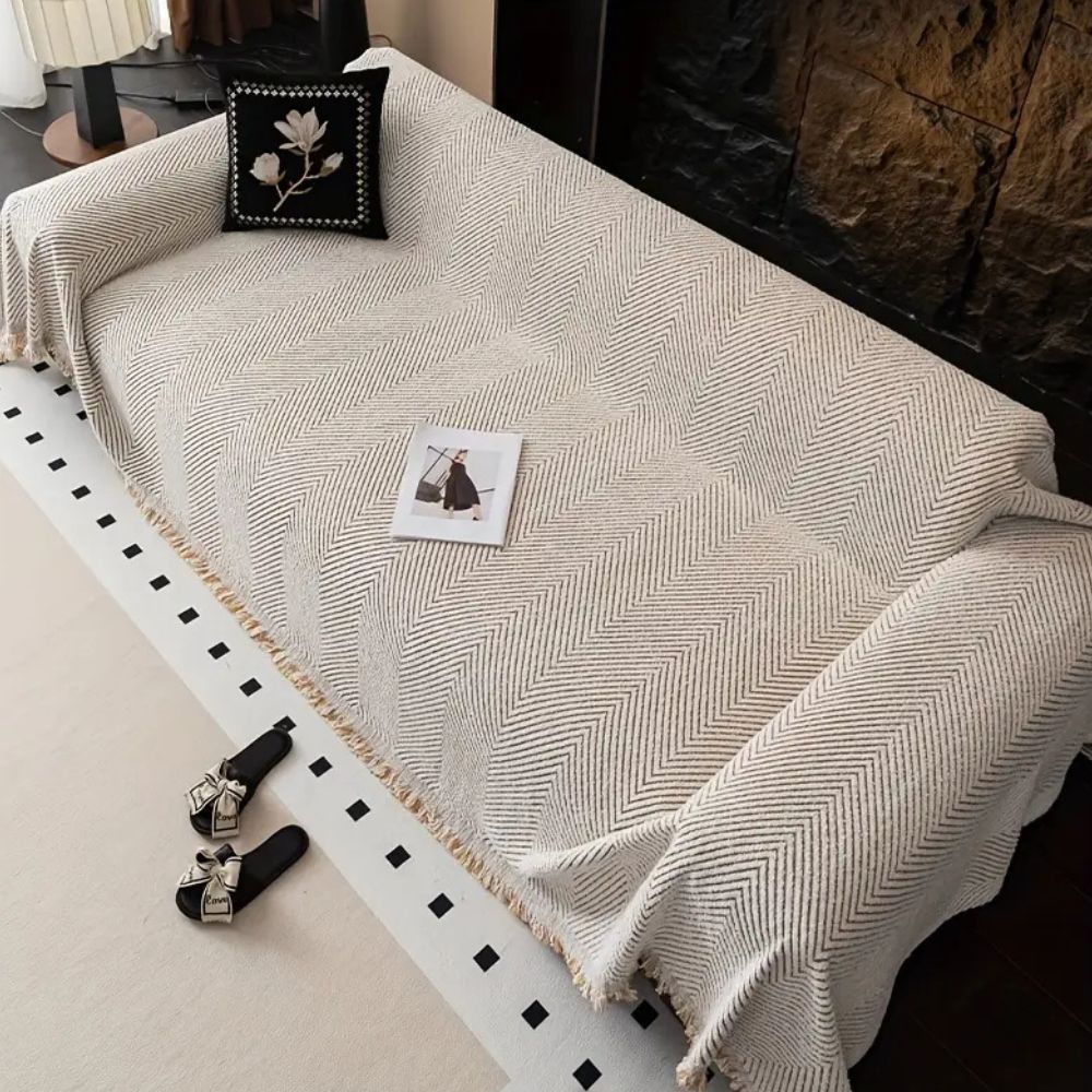 Stripe Herringbone Sofa Cover – Woven Non-Slip Couch Slipcover