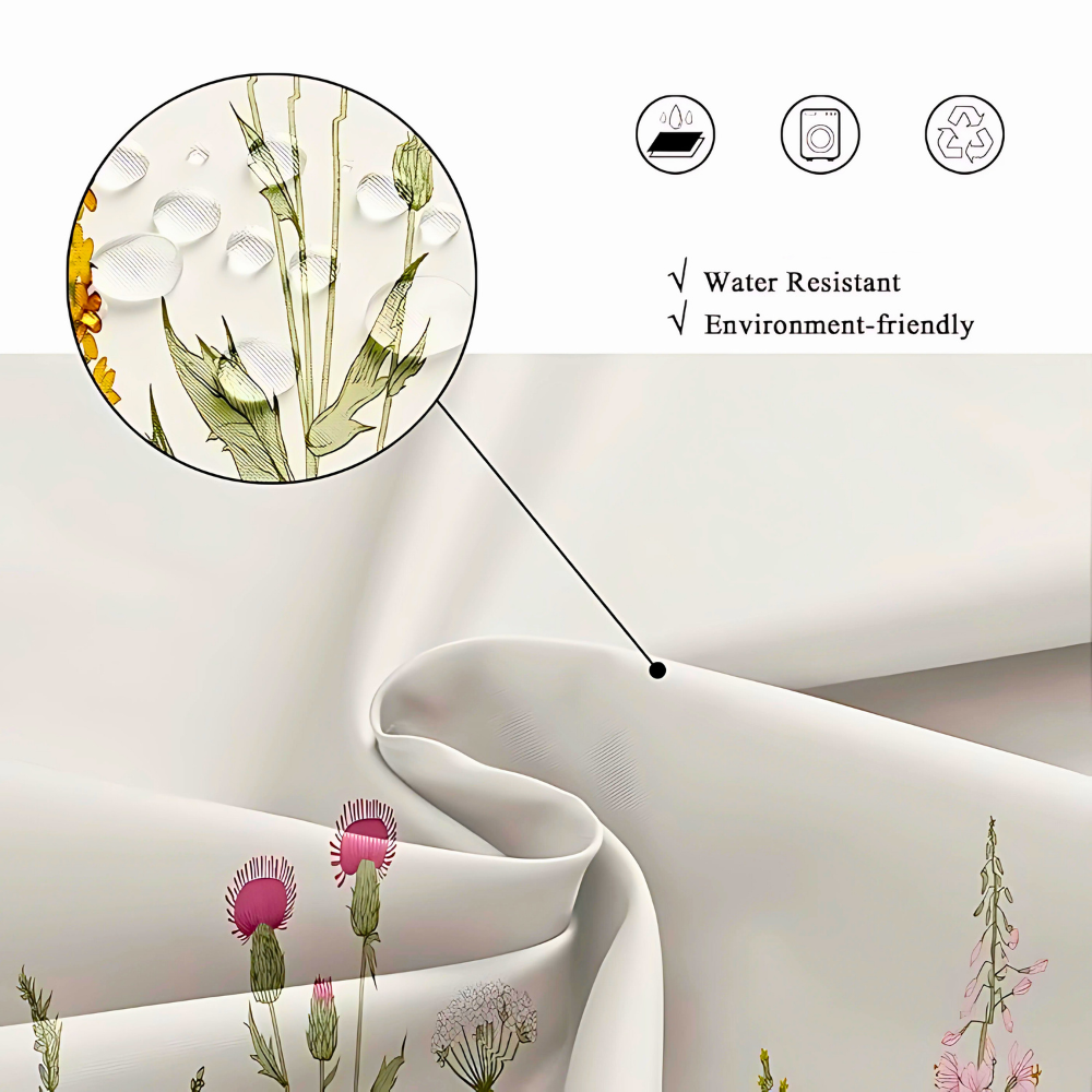 Pastoral Plants Waterproof Shower Curtain – Botanical Fabric Bath Curtain