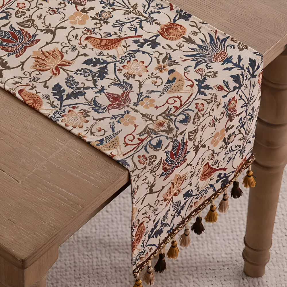 Vintage Floral & Bird Jacquard Table Runner – Elegant Woven Table Decor