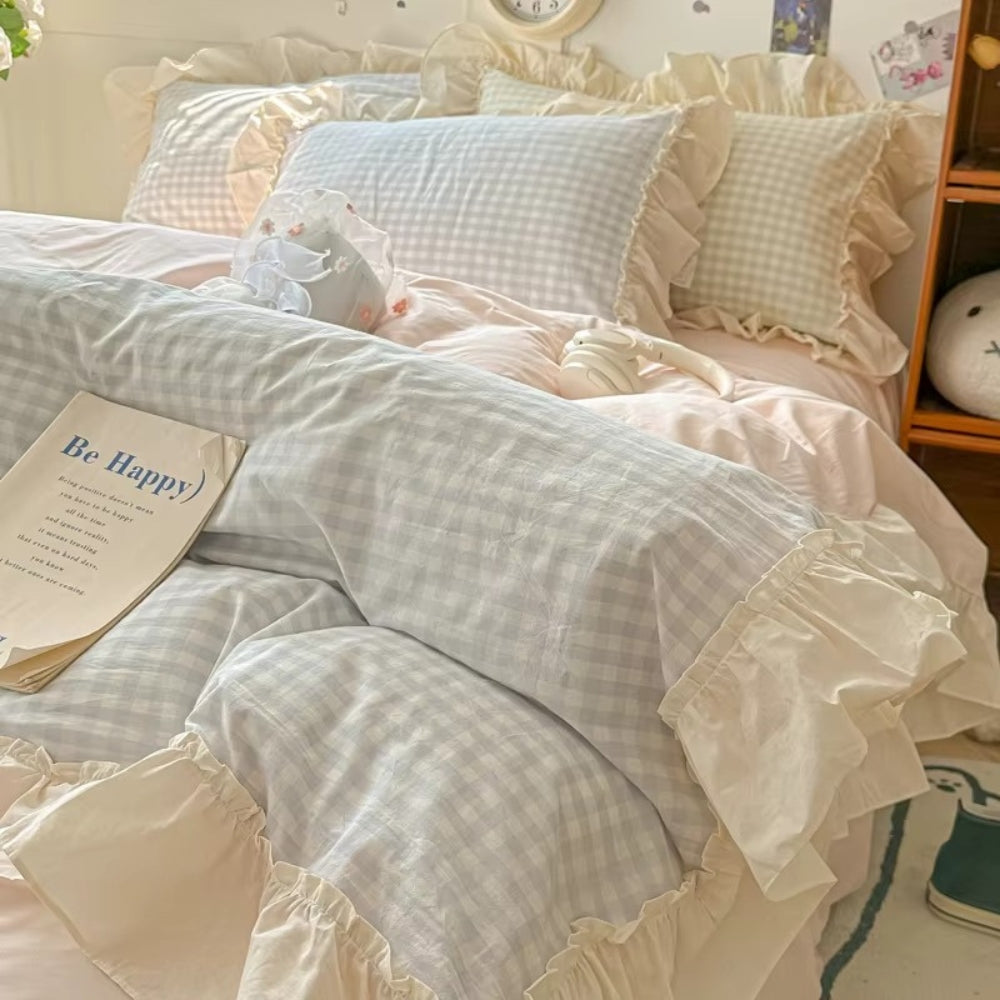 Gingham Check Ruffled Duvet Cover Set – Cottage-Style Bedding