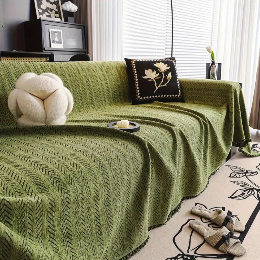 Herringbone Chenille Sofa Cover – Soft Tassel-Edge Couch Slipcover