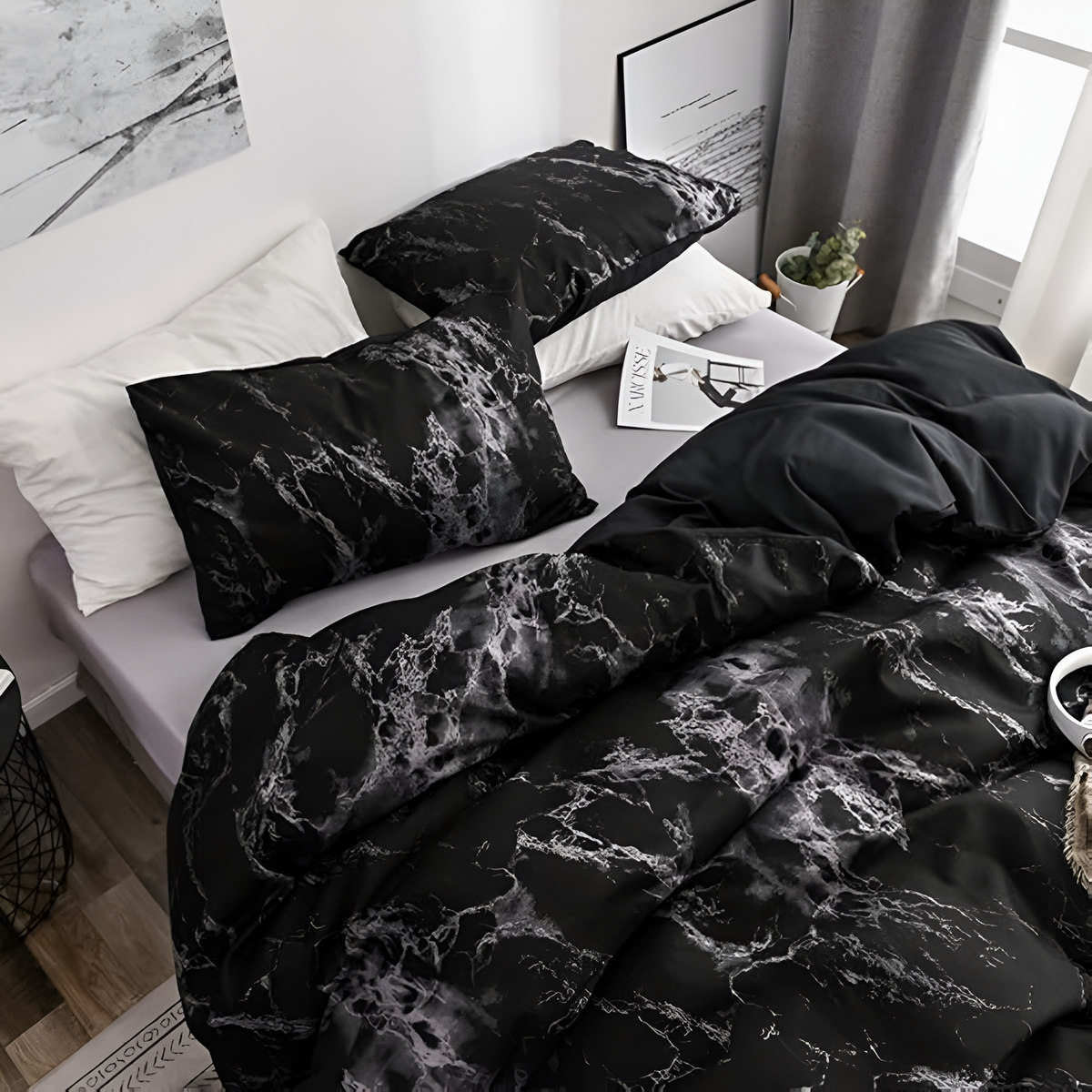 Luxe Black Marble Duvet Cover Set (3 Pcs) – Modern Bedding