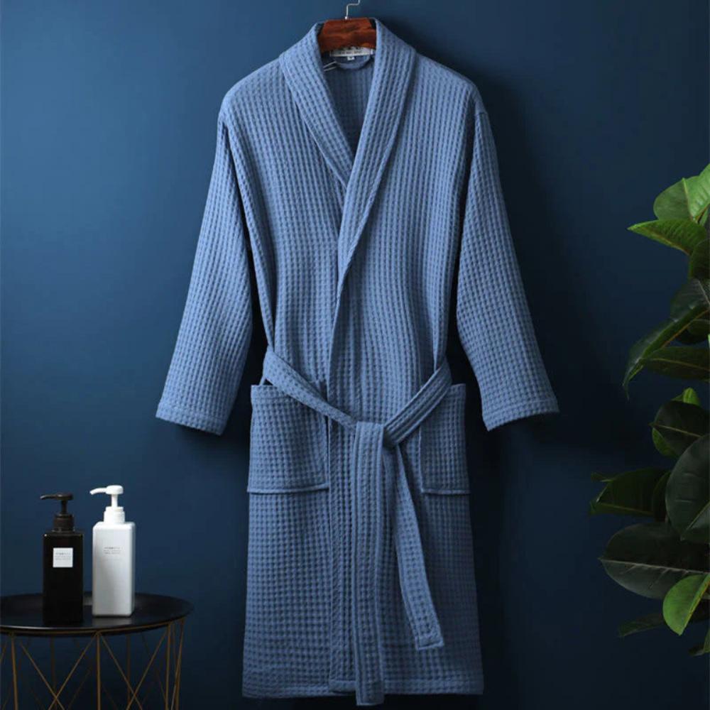 Waffle V-Neck Bathrobe – Lightweight Absorbent Cotton Robe