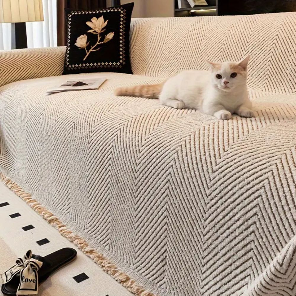 Stripe Herringbone Sofa Cover – Woven Non-Slip Couch Slipcover