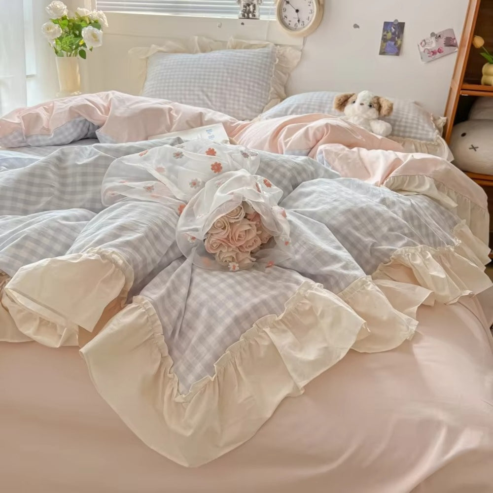 Gingham Check Ruffled Duvet Cover Set – Cottage-Style Bedding