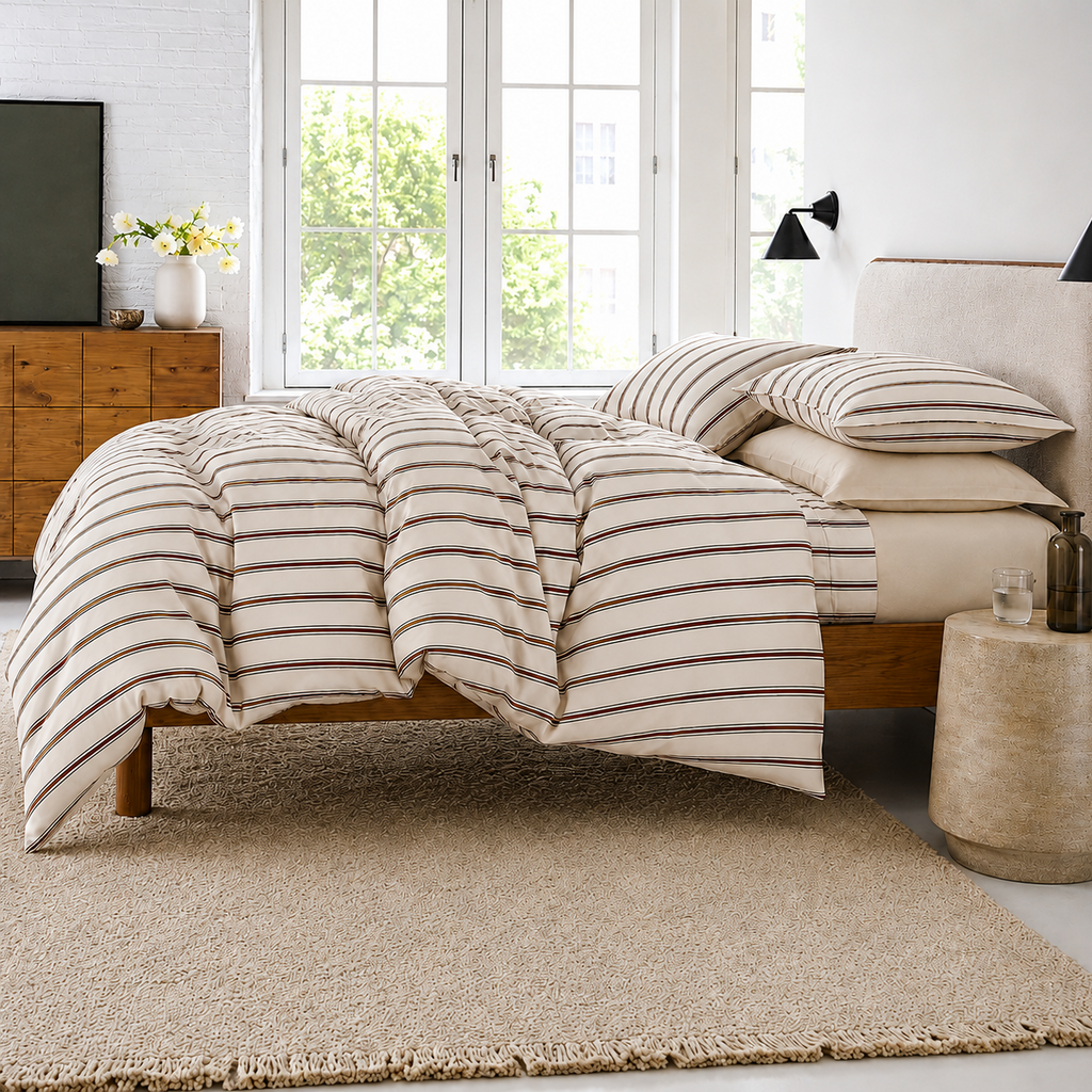 Skandinavische Bettwäsche Gestreift 200x200cm – Elegantes Beige mit Feinen Streifen