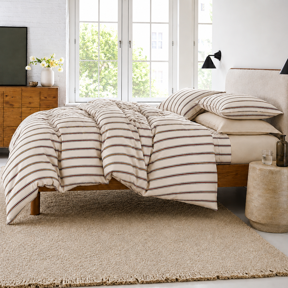 Skandinavische Bettwäsche Gestreift 200x200cm – Elegantes Beige mit Feinen Streifen