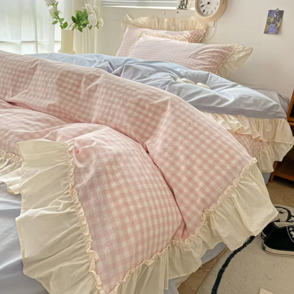 Gingham Check Ruffled Duvet Cover Set – Cottage-Style Bedding