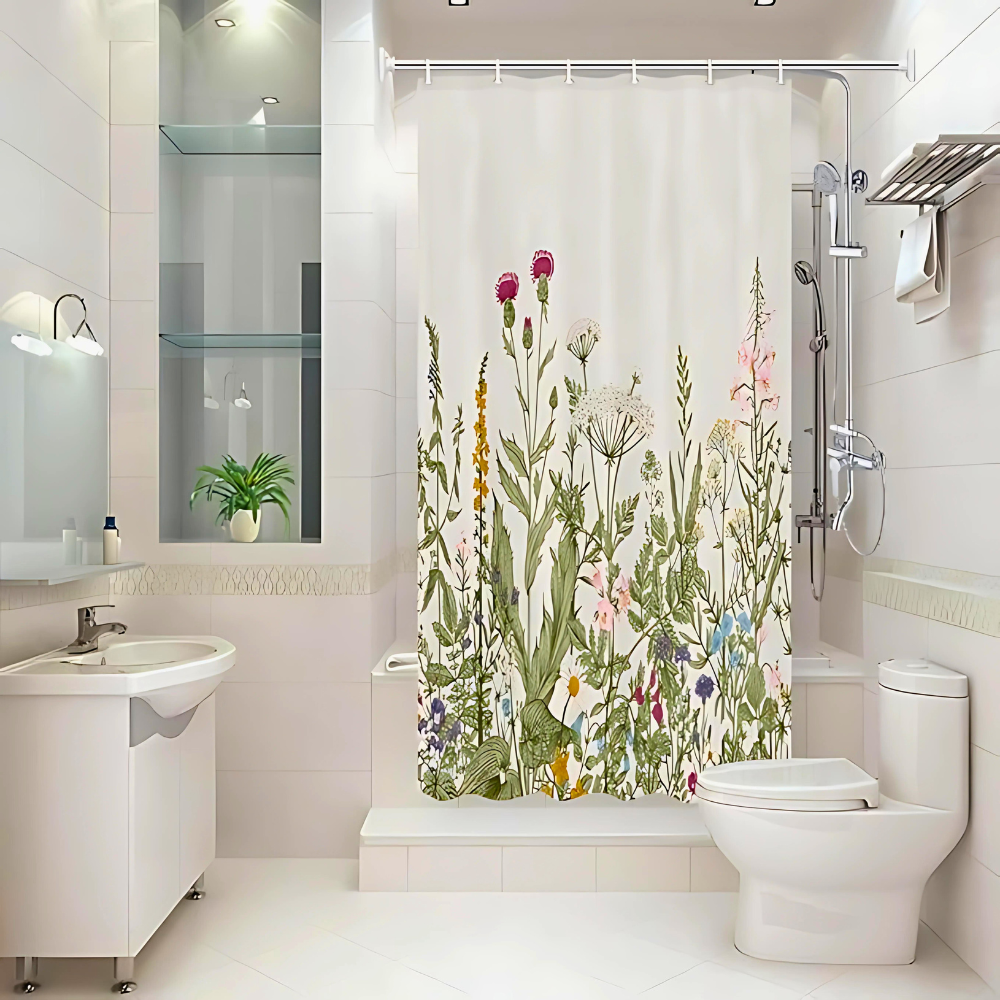 Pastoral Plants Waterproof Shower Curtain – Botanical Fabric Bath Curtain