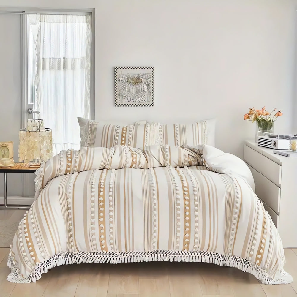 Soft Stripe & Tassel Duvet Cover Set (3 Pcs) – Cosy Textured Bedding