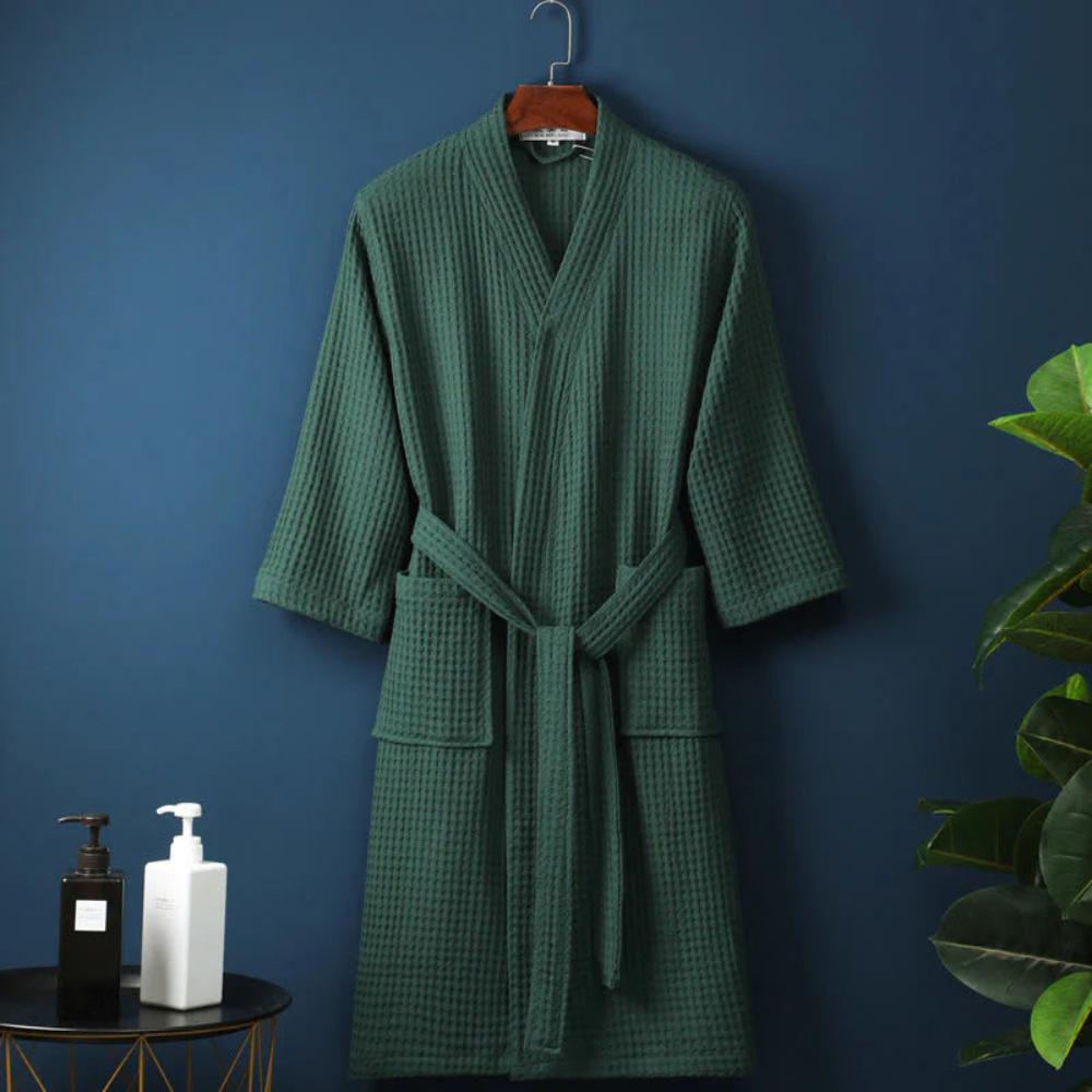 Waffle V-Neck Bathrobe – Lightweight Absorbent Cotton Robe