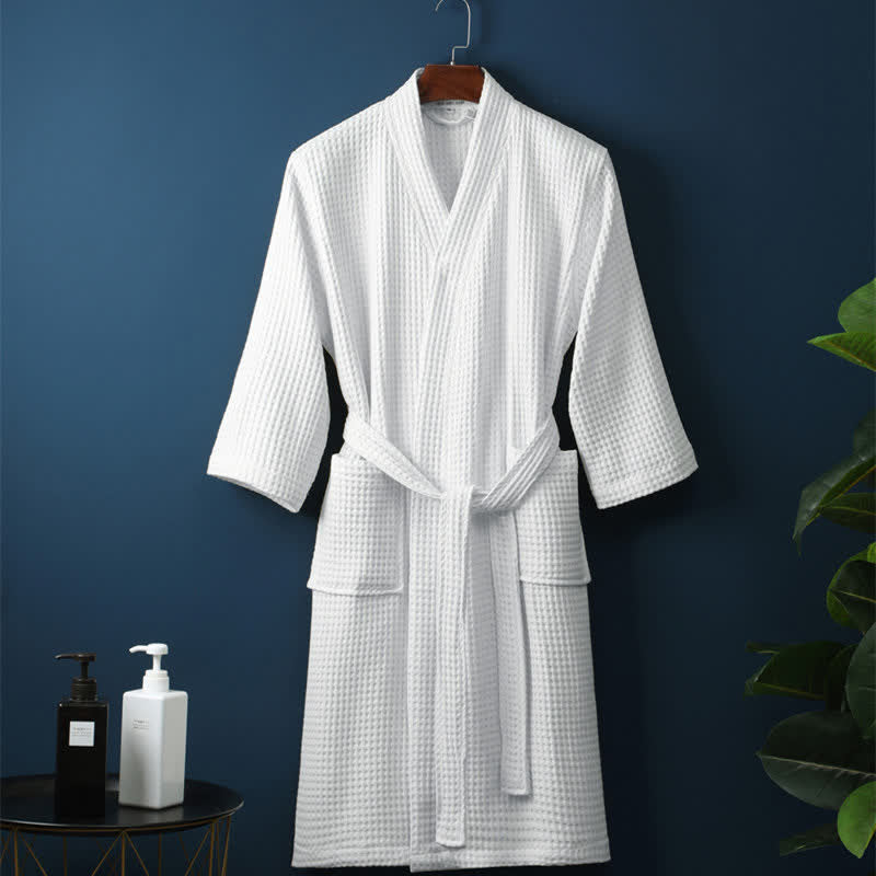 Waffle V-Neck Bathrobe – Lightweight Absorbent Cotton Robe