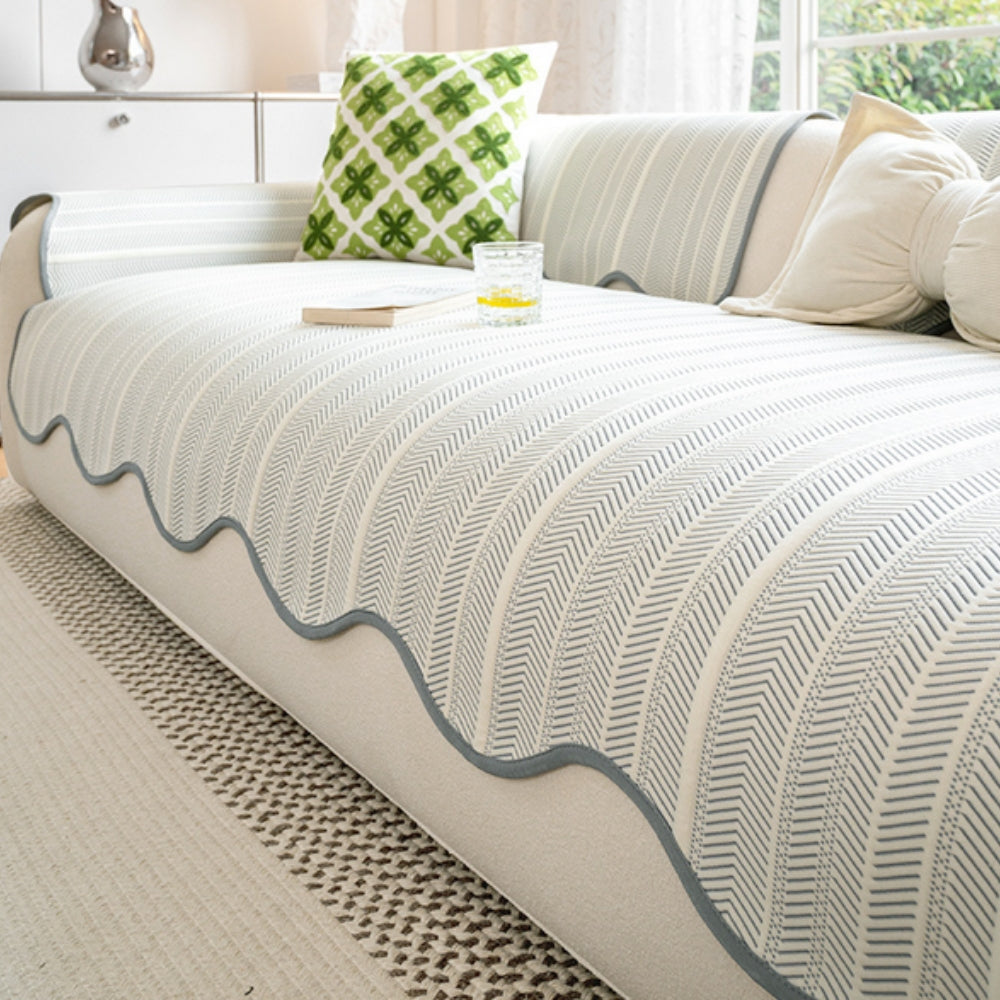 Aurivelle Herringbone Sofa Cover – Scallop-Edge Non-Slip Couch Slipcover