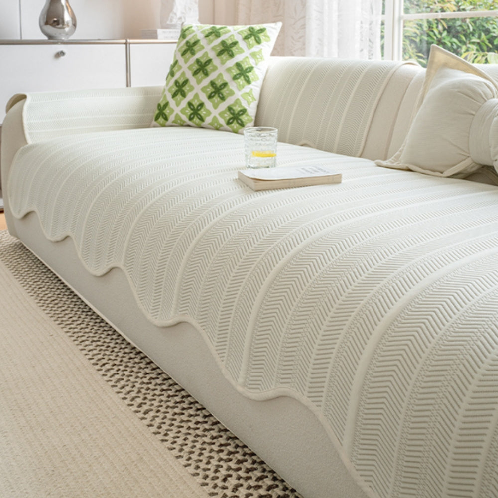 Aurivelle Herringbone Sofa Cover – Scallop-Edge Non-Slip Couch Slipcover