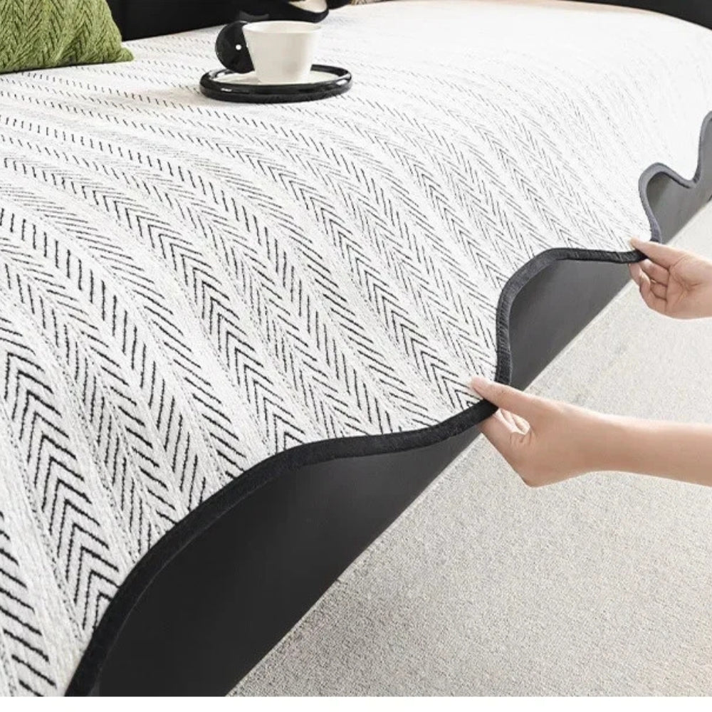 Aurivelle Herringbone Sofa Cover – Scallop-Edge Non-Slip Couch Slipcover