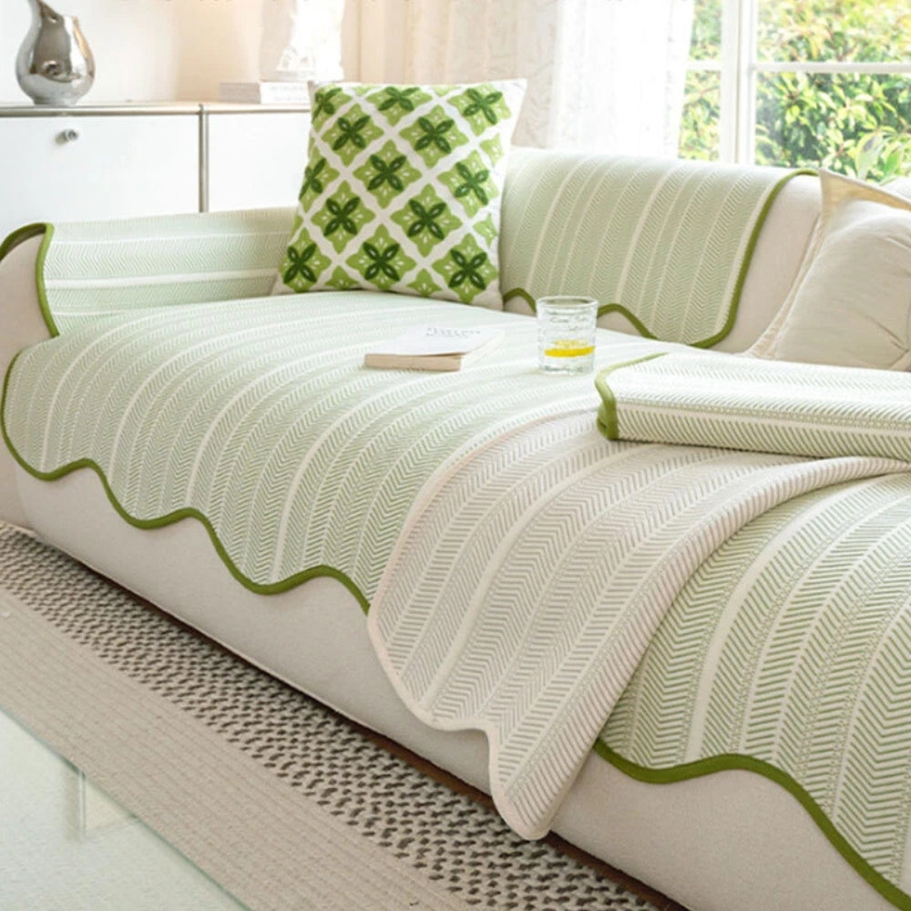 Aurivelle Herringbone Sofa Cover – Scallop-Edge Non-Slip Couch Slipcover