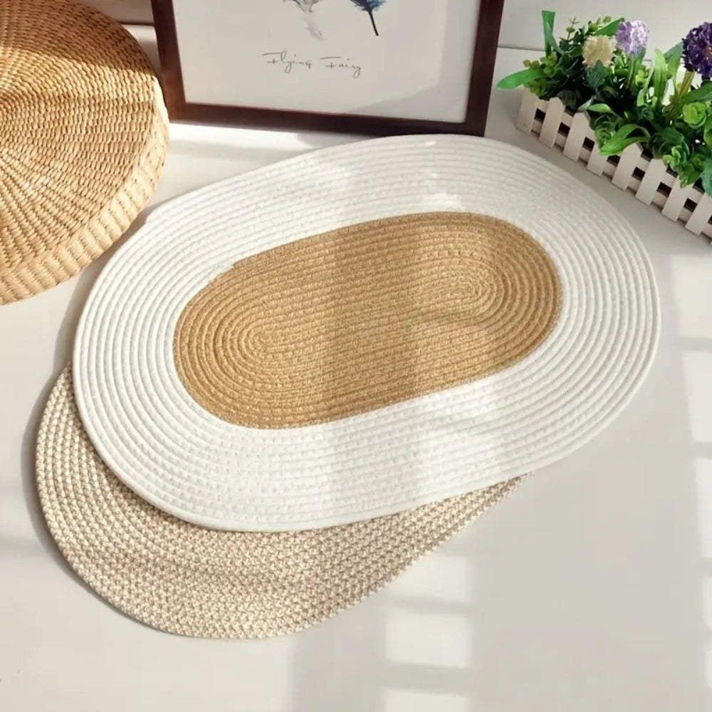 Boho Braided Hemp Oval Rug – Natural Non-Slip Entryway Mat