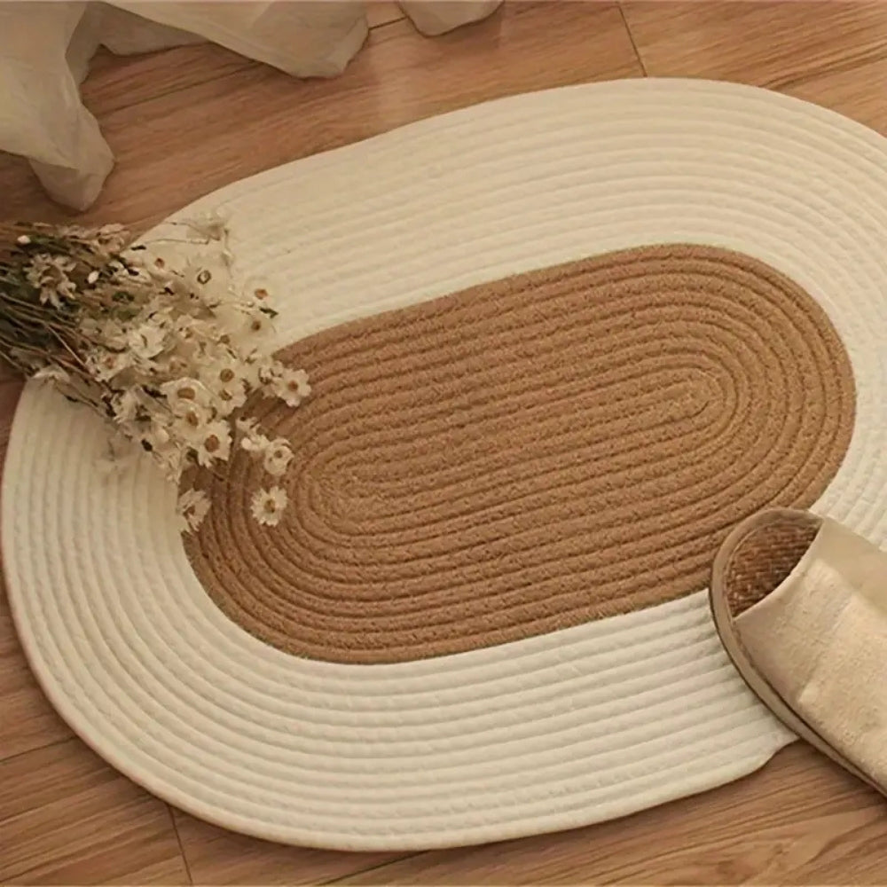 Boho Braided Hemp Oval Rug – Natural Non-Slip Entryway Mat