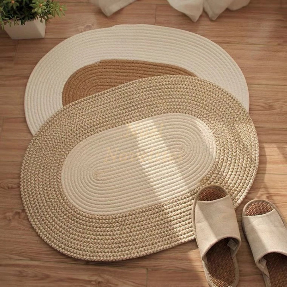 Boho Braided Hemp Oval Rug – Natural Non-Slip Entryway Mat