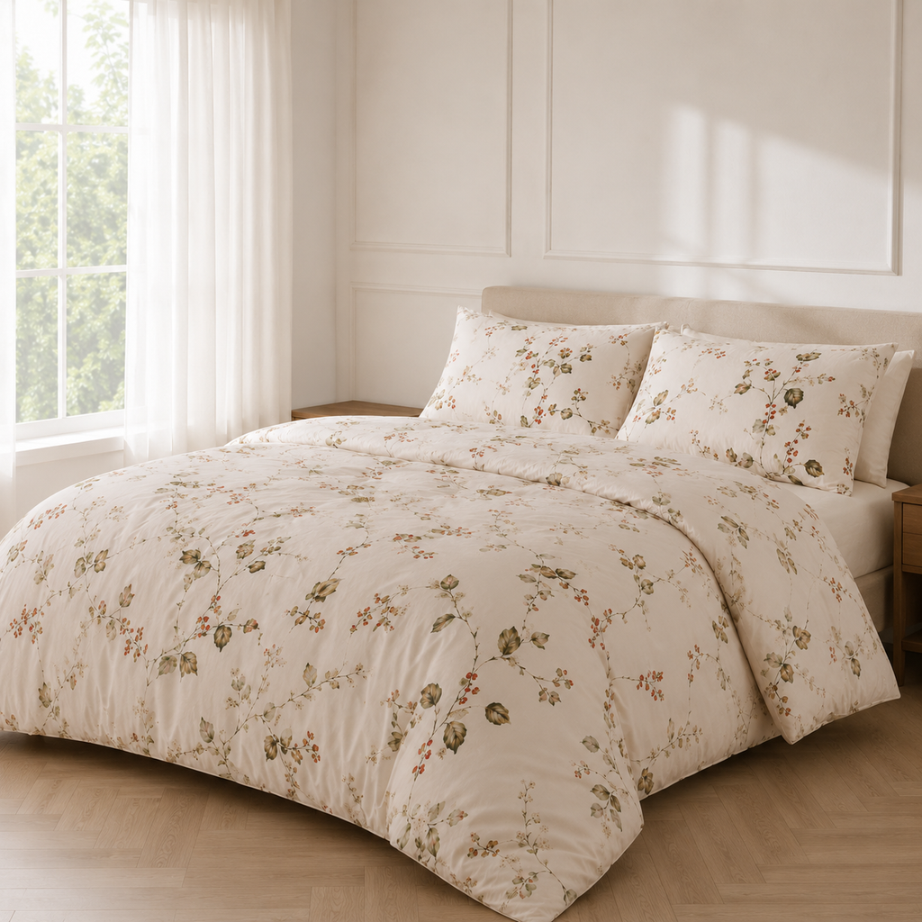 Flora Bettwäsche mit Blumenranken 200x200cm – Romantisches Blütenmuster in Creme