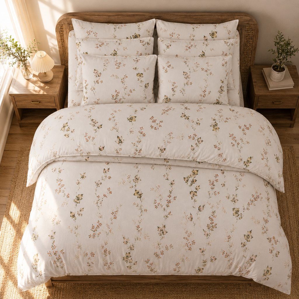 Flora Bettwäsche mit Blumenranken 200x200cm – Romantisches Blütenmuster in Creme