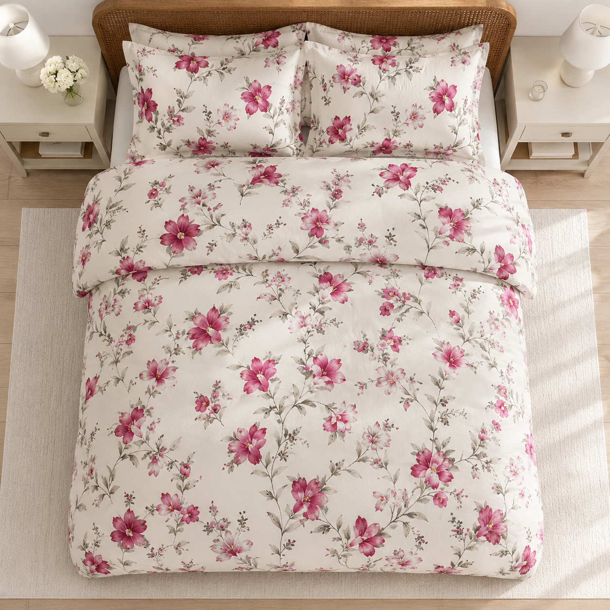 Peonia Bettwäsche mit Blumenmuster 200x200cm – Pinke Blüten auf Creme