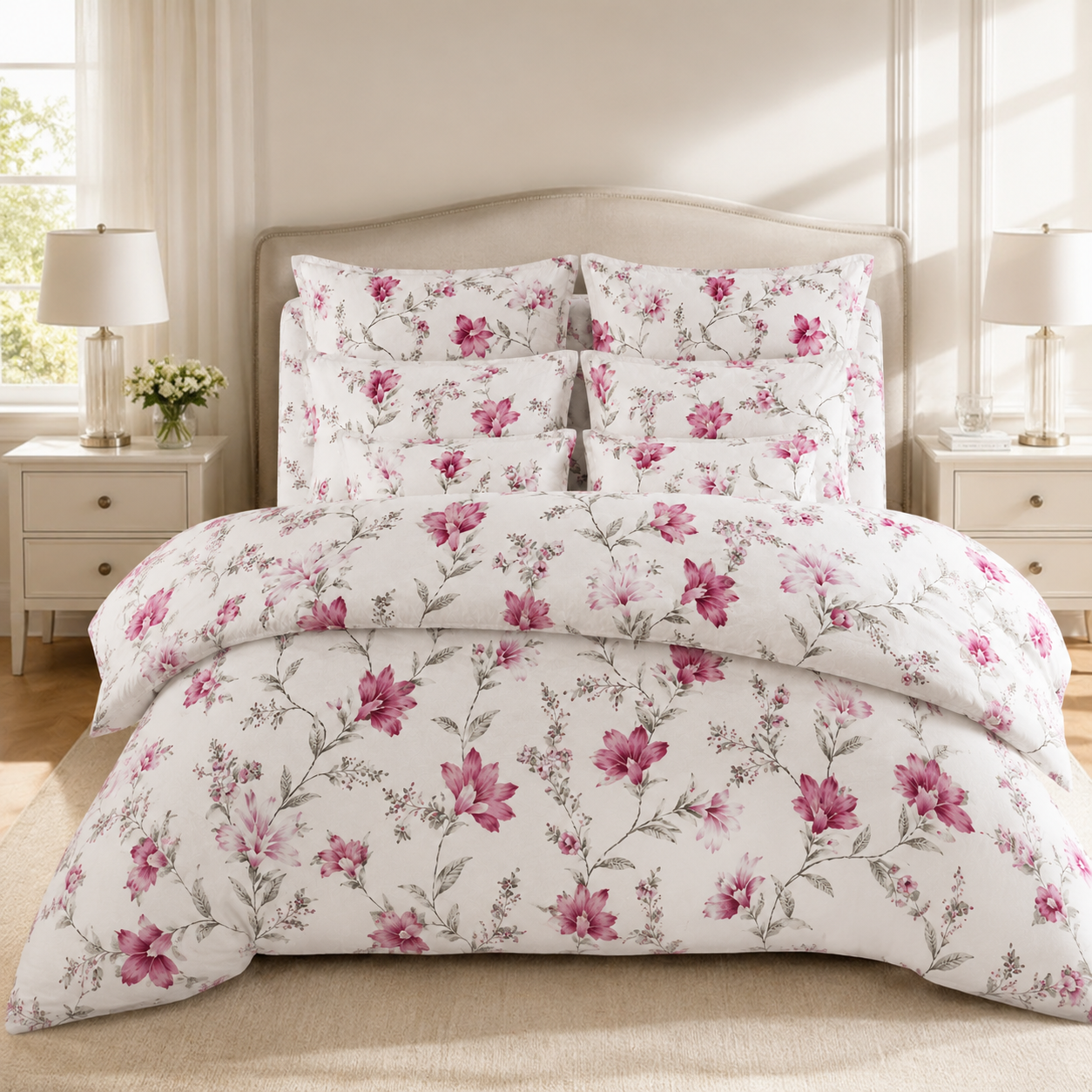 Peonia Bettwäsche mit Blumenmuster 200x200cm – Pinke Blüten auf Creme
