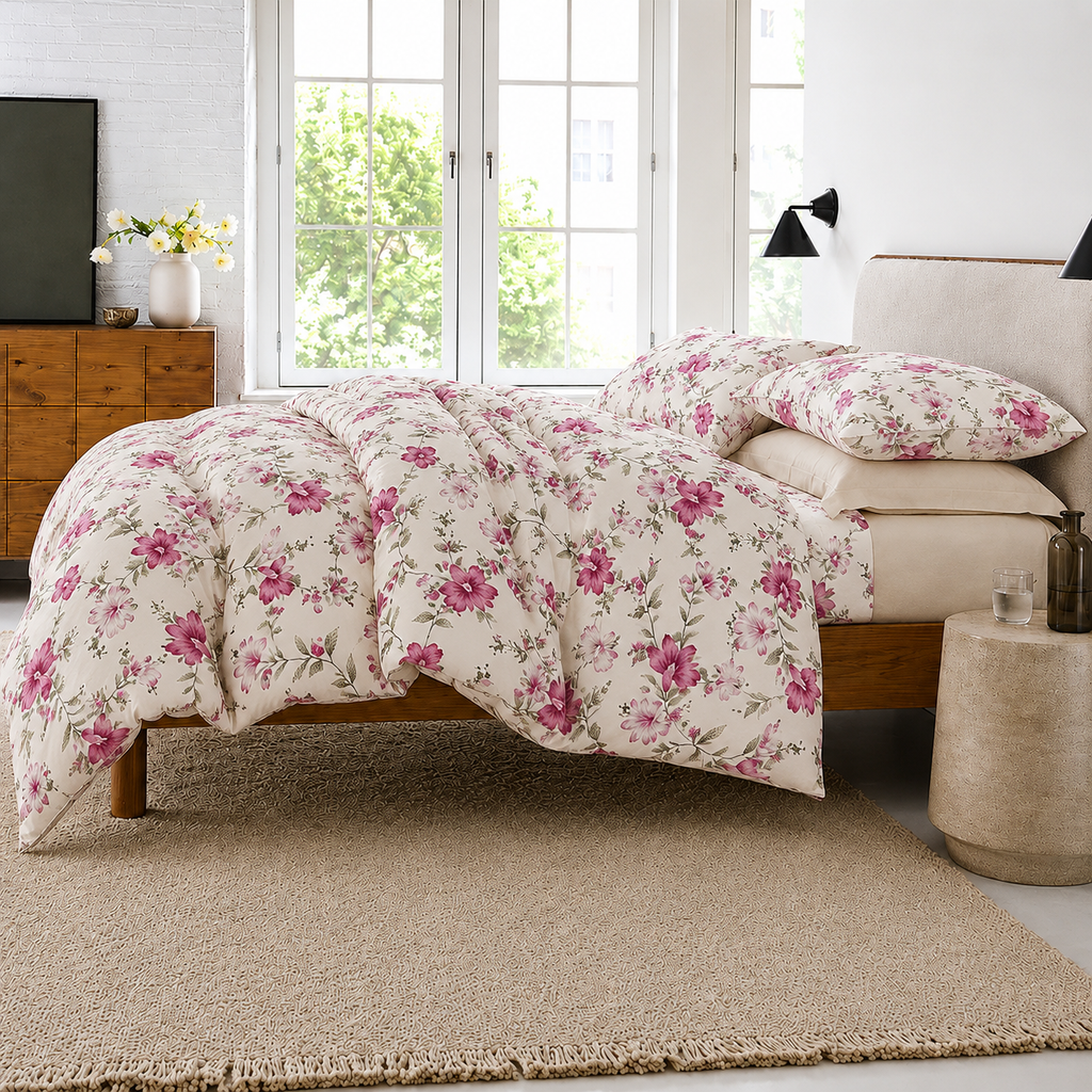 Peonia Bettwäsche mit Blumenmuster 200x200cm – Pinke Blüten auf Creme